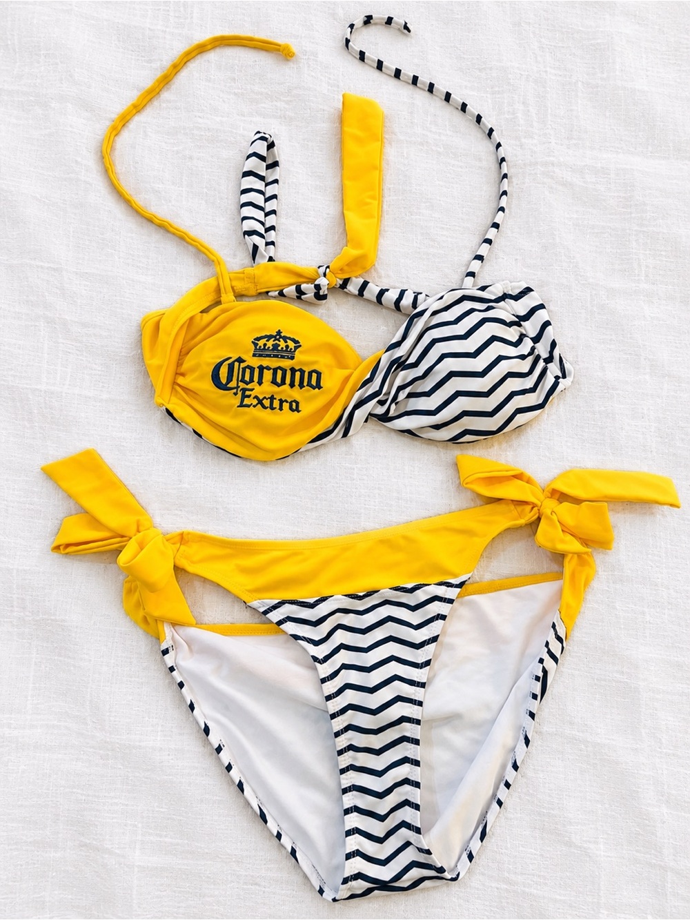 Corona Extra Bikini Set M/L Yellow Navy Striped Logo Y2K Beer Swimwear